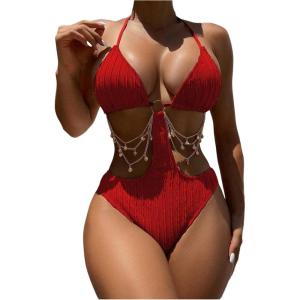 imageOYOANGLE Womens Ring Linked Cut Out One Piece Swimsuits Textured Tie Backless Halter Bathing Suit MonokiniRed