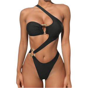 imageOYOANGLE Womens Ring Linked Cut Out One Shoulder One Piece Swimsuit High Cut Bathing SuitsBlack
