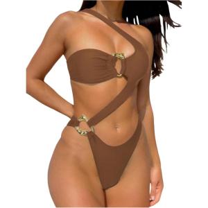 imageOYOANGLE Womens Ring Linked Cut Out One Shoulder One Piece Swimsuit High Cut Bathing SuitsBrown