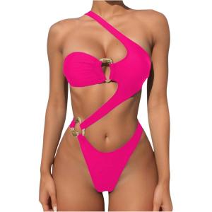 imageOYOANGLE Womens Ring Linked Cut Out One Shoulder One Piece Swimsuit High Cut Bathing SuitsHot Pink