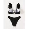 imageOYOANGLE Womens 2 Piece Bikini Set 3D Flower Ruffle High Cut Backless Bathing Suit SwimwearBlack