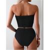 imageOYOANGLE Womens 2 Piece Strapless Swimsuit High Waisted Smocked Bandeau Bathing SuitBlack