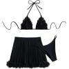 imageOYOANGLE Womens 3 Pieces Swimsuit Halter Triangle Bikini Swimsuit with Mesh Beach Skirt Cover UpBlack