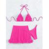 imageOYOANGLE Womens 3 Pieces Swimsuit Halter Triangle Bikini Swimsuit with Mesh Beach Skirt Cover UpHot Pink