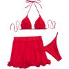 imageOYOANGLE Womens 3 Pieces Swimsuit Halter Triangle Bikini Swimsuit with Mesh Beach Skirt Cover UpRed