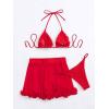 imageOYOANGLE Womens 3 Pieces Swimsuit Halter Triangle Bikini Swimsuit with Mesh Beach Skirt Cover UpRed