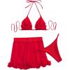 imageOYOANGLE Womens 3 Pieces Swimsuit Halter Triangle Bikini Swimsuit with Mesh Beach Skirt Cover UpRed