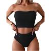 imageOYOANGLE Womens 2 Piece Strapless Swimsuit High Waisted Smocked Bandeau Bathing SuitBlack