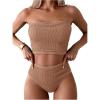imageOYOANGLE Womens 2 Piece Strapless Swimsuit High Waisted Smocked Bandeau Bathing SuitBrown