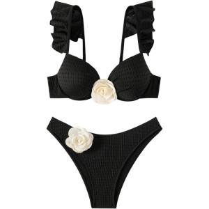 imageOYOANGLE Womens 2 Piece Bikini Set 3D Flower Ruffle High Cut Backless Bathing Suit SwimwearBlack