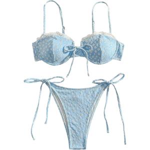 imageOYOANGLE Womens 2 Piece Floral Bikini Set Lace Trim Spaghetti Strap Underwire Padding Bathing Suits SwimwearBlue