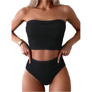 imageOYOANGLE Womens 2 Piece Strapless Swimsuit High Waisted Smocked Bandeau Bathing SuitBlack