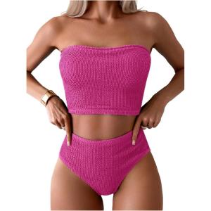 imageOYOANGLE Womens 2 Piece Strapless Swimsuit High Waisted Smocked Bandeau Bathing SuitHot Pink