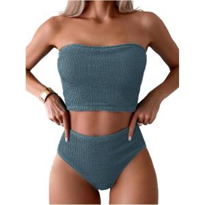 imageOYOANGLE Womens 2 Piece Strapless Swimsuit High Waisted Smocked Bandeau Bathing SuitTeal Blue