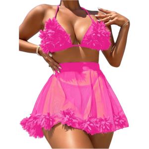 imageOYOANGLE Womens 3 Pieces Swimsuit Halter Triangle Bikini Swimsuit with Mesh Beach Skirt Cover UpHot Pink