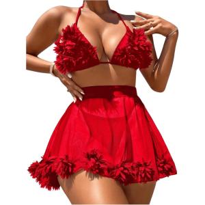 imageOYOANGLE Womens 3 Pieces Swimsuit Halter Triangle Bikini Swimsuit with Mesh Beach Skirt Cover UpRed