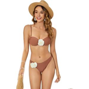 imageOYOANGLE Womens Womens 2 Piece 3D Rose Bikini Swimsuit Spaghetti Strap High Waisted Bathing Suit BeachwearBrown