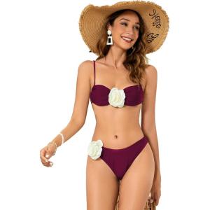 imageOYOANGLE Womens Womens 2 Piece 3D Rose Bikini Swimsuit Spaghetti Strap High Waisted Bathing Suit BeachwearBurgundy