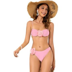imageOYOANGLE Womens Womens 2 Piece 3D Rose Bikini Swimsuit Spaghetti Strap High Waisted Bathing Suit BeachwearLight Pink