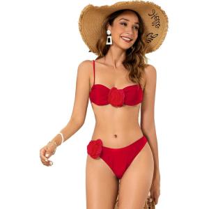 imageOYOANGLE Womens Womens 2 Piece 3D Rose Bikini Swimsuit Spaghetti Strap High Waisted Bathing Suit BeachwearRed