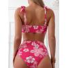 imageOYOANGLE Womens 2 Piece Floral Print Bikini Sets Tie Shoulder Wireless Ruched High Waist Bathing SuitsHot Pink