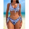 imageOYOANGLE Womens 2 Piece Floral Print Bikini Swimsuits Beachwear Knot Front Padding Triangle Bathing SuitsBlue and White