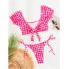 imageOYOANGLE Womens 2 Piece Plaid Bikini Sets Short Sleeve Tie Front High Cut Bathing Suit BeachwearPink