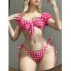 imageOYOANGLE Womens 2 Piece Plaid Bikini Sets Short Sleeve Tie Front High Cut Bathing Suit BeachwearPink