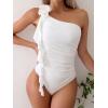 imageOYOANGLE Womens One Piece Swimsuit 3D Floral Appliques One Shoulder Ruffle Trim Ruched Bathing Suit SwimwearWhite