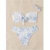 imageOYOANGLE Womens Two Piece Floral Bandeau Swimsuits Scallop Trim Strapless Bathing SuitsBlue and White