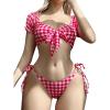 imageOYOANGLE Womens 2 Piece Plaid Bikini Sets Short Sleeve Tie Front High Cut Bathing Suit BeachwearPink