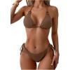 imageOYOANGLE Womens 2 Piece Textured Bikini Sets Halter Triangle Backless Tie Side Bathing SuitsBrown