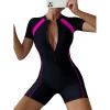 imageOYOANGLE Womens Colorblock Zipper Front Sport One Piece Swimsuit Shorts Romper Bathing Suit SwimwearBlack Hot Pink