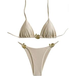 imageOYOANGLE Womens 2 Piece Bikini Set Spaghetti Strap Halter Swimsuit High Cut Bathing SuitsApricot