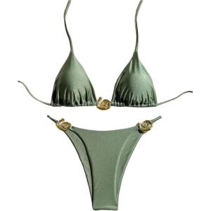 imageOYOANGLE Womens 2 Piece Bikini Set Spaghetti Strap Halter Swimsuit High Cut Bathing SuitsArmy Green