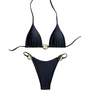 imageOYOANGLE Womens 2 Piece Bikini Set Spaghetti Strap Halter Swimsuit High Cut Bathing SuitsBlack