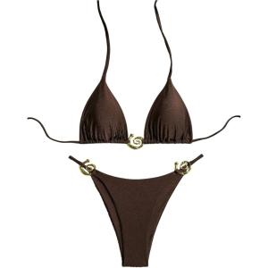 imageOYOANGLE Womens 2 Piece Bikini Set Spaghetti Strap Halter Swimsuit High Cut Bathing SuitsBrown