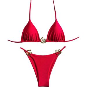 imageOYOANGLE Womens 2 Piece Bikini Set Spaghetti Strap Halter Swimsuit High Cut Bathing SuitsDeep Red