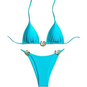 imageOYOANGLE Womens 2 Piece Bikini Set Spaghetti Strap Halter Swimsuit High Cut Bathing SuitsLight Blue