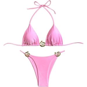 imageOYOANGLE Womens 2 Piece Bikini Set Spaghetti Strap Halter Swimsuit High Cut Bathing SuitsPink