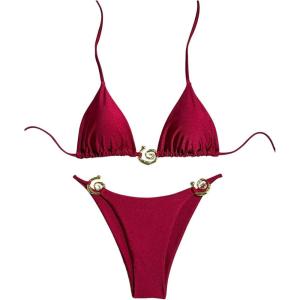 imageOYOANGLE Womens 2 Piece Bikini Set Spaghetti Strap Halter Swimsuit High Cut Bathing SuitsRed