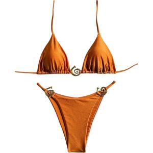imageOYOANGLE Womens 2 Piece Bikini Set Spaghetti Strap Halter Swimsuit High Cut Bathing SuitsRust Brown