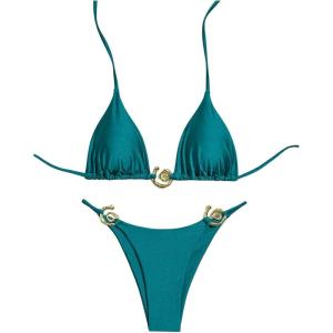 imageOYOANGLE Womens 2 Piece Bikini Set Spaghetti Strap Halter Swimsuit High Cut Bathing SuitsTeal Blue