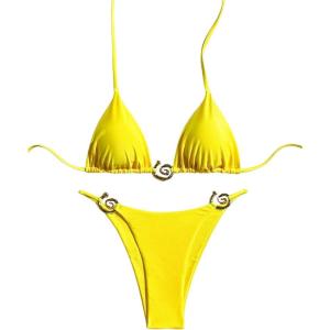 imageOYOANGLE Womens 2 Piece Bikini Set Spaghetti Strap Halter Swimsuit High Cut Bathing SuitsYellow