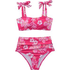 imageOYOANGLE Womens 2 Piece Floral Print Bikini Sets Tie Shoulder Wireless Ruched High Waist Bathing SuitsHot Pink