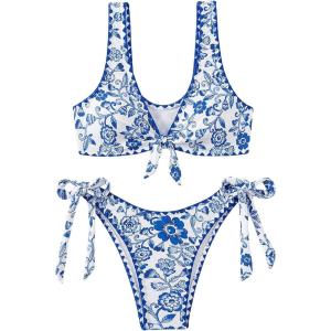 imageOYOANGLE Womens 2 Piece Floral Print Bikini Swimsuits Beachwear Knot Front Padding Triangle Bathing SuitsBlue and White