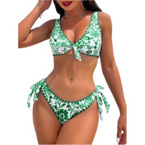 imageOYOANGLE Womens 2 Piece Floral Print Bikini Swimsuits Beachwear Knot Front Padding Triangle Bathing SuitsGreen