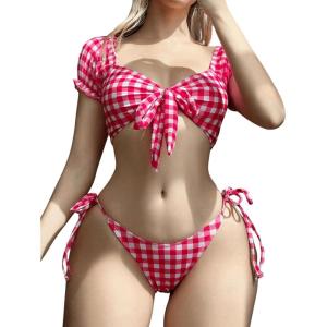 imageOYOANGLE Womens 2 Piece Plaid Bikini Sets Short Sleeve Tie Front High Cut Bathing Suit BeachwearPink