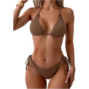 imageOYOANGLE Womens 2 Piece Textured Bikini Sets Halter Triangle Backless Tie Side Bathing SuitsBrown