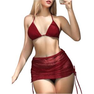 imageOYOANGLE Womens 3 Piece Triangle Halter Bikini Swimsuit with Mesh Beach Skirt Cover Up SwimwearBurgundy